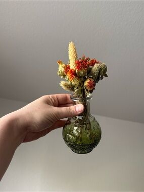 Olive Green Glass Bud Vase with Dried Floral Arrangement
